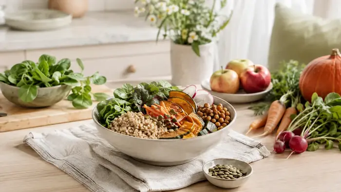 Saisonale Mahlzeit mit Gemüse, Hülsenfrüchten und Getreide